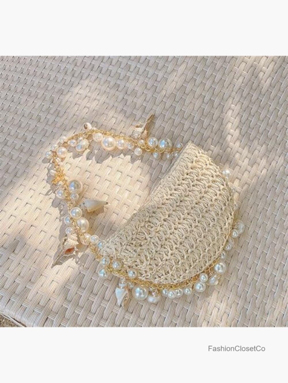 Woven Straw Shoulder Bag with Pearl Chain, Handmade Beach Messenger Bag for - Picture 4 of 7